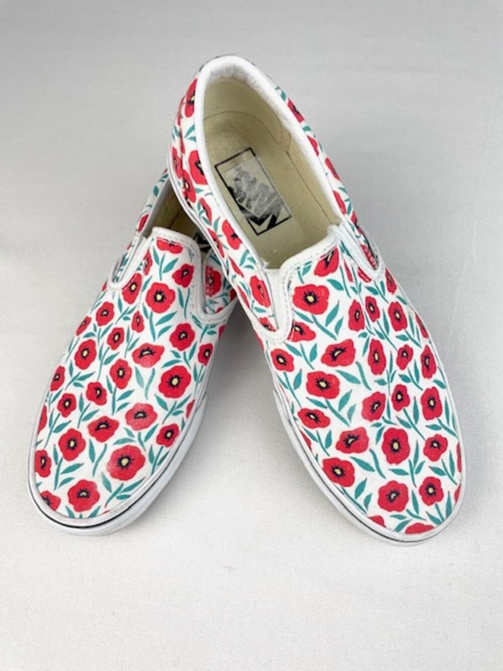 Vans Classic Slip-On Floral Canvas Sneakers Red Poppy Print Women's Size 9 EU40